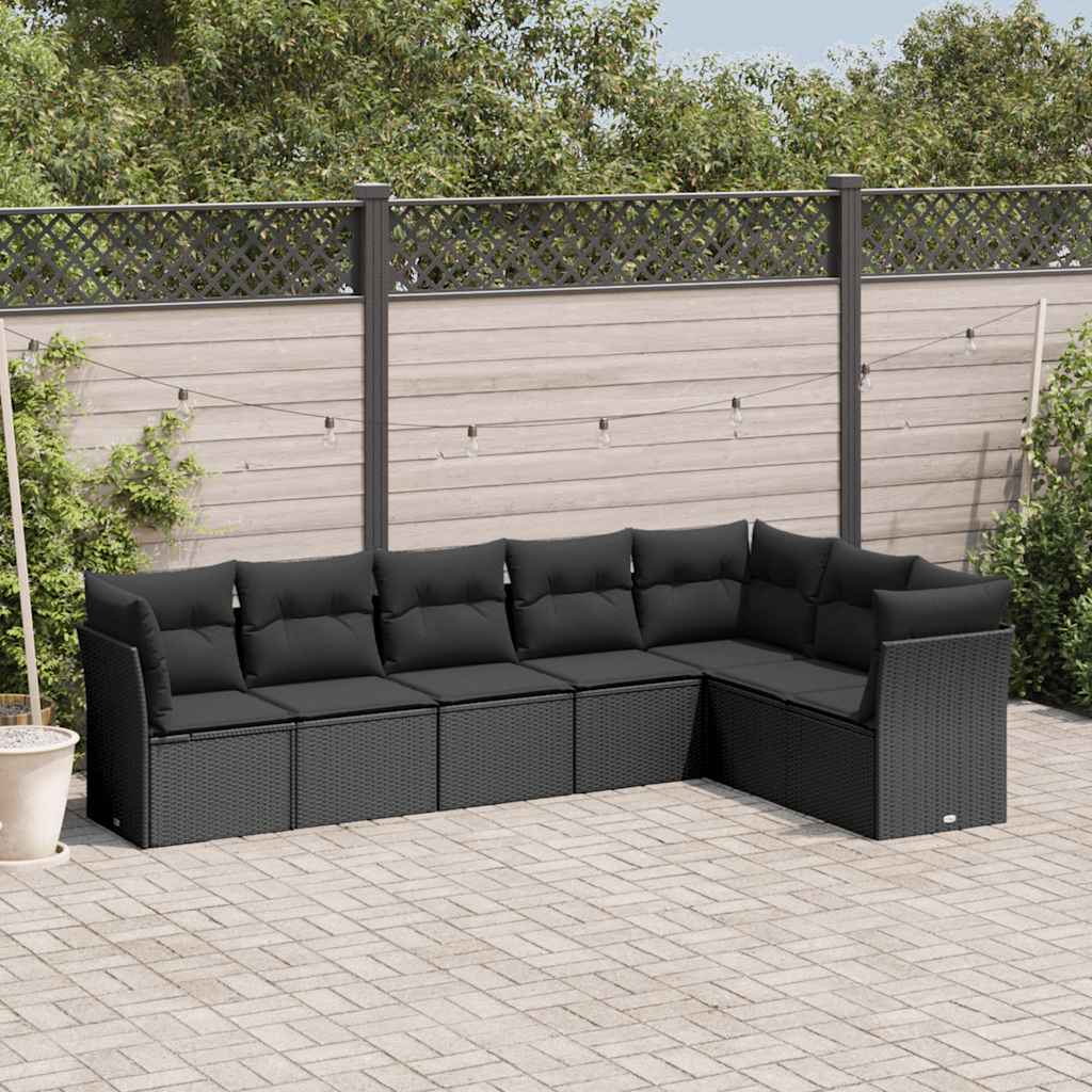 7-delige Loungeset met kussens poly rattan zwart – afbeelding 1