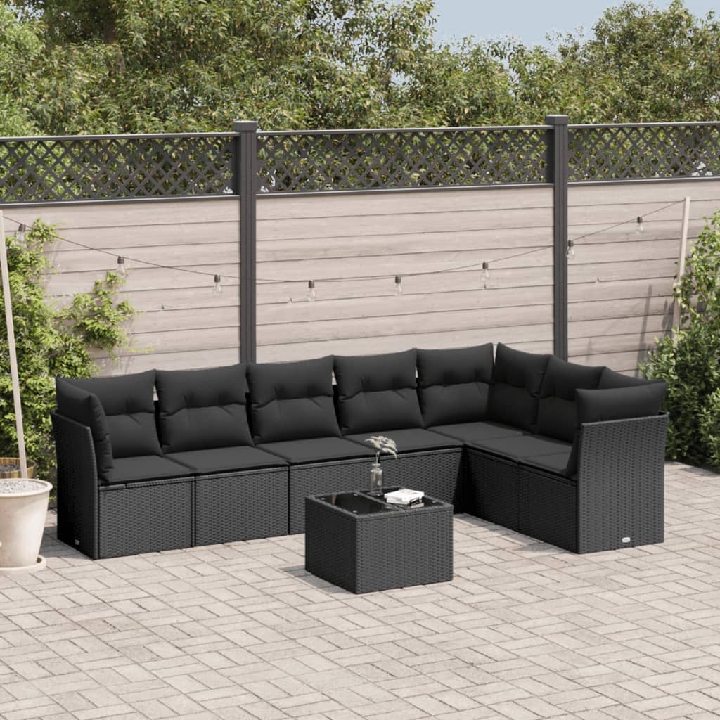 8-delige Loungeset met kussens poly rattan zwart – afbeelding 1