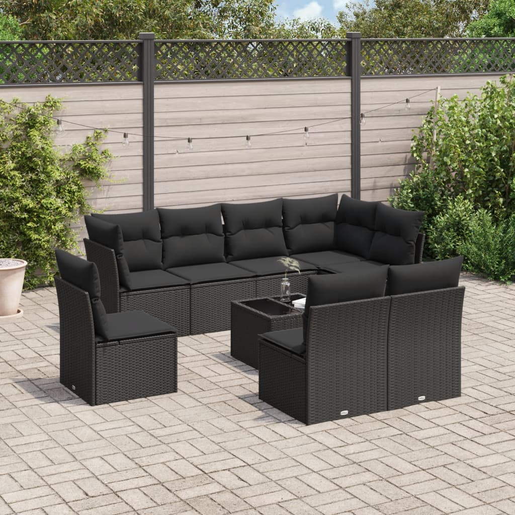 9-delige Loungeset met kussens poly rattan zwart – afbeelding 1