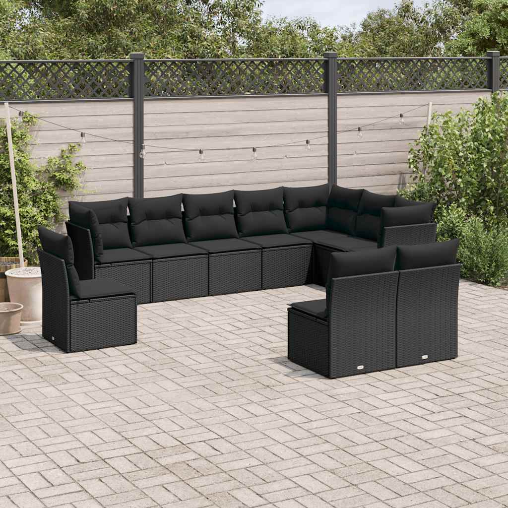 10-delige Loungeset met kussens poly rattan zwart – afbeelding 1