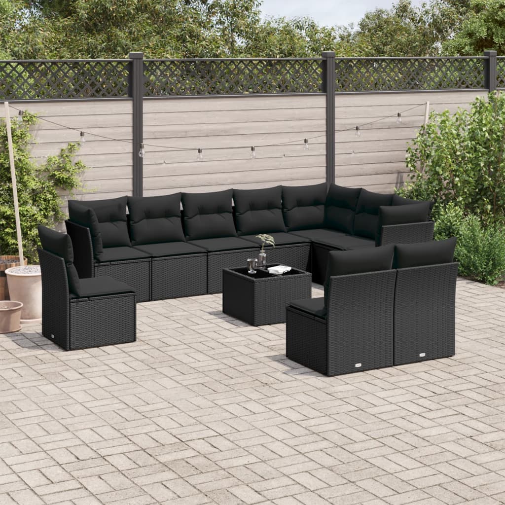 11-delige Loungeset met kussens poly rattan zwart – afbeelding 1
