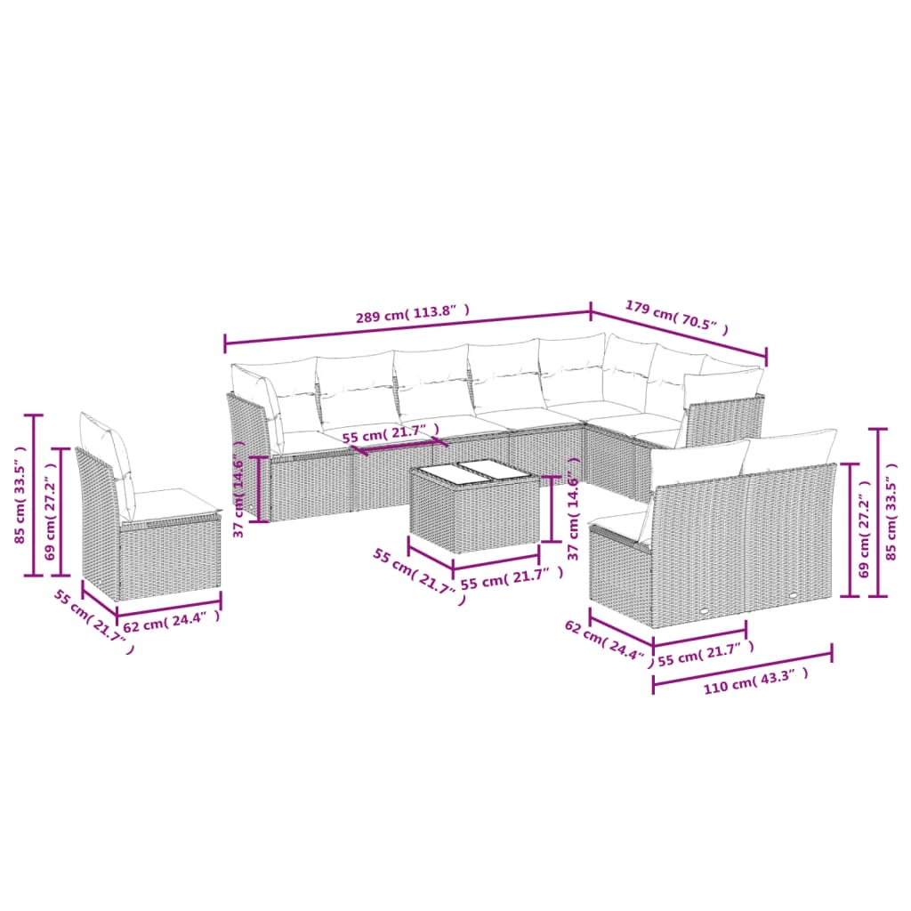 11-delige Loungeset met kussens poly rattan zwart – afbeelding 7