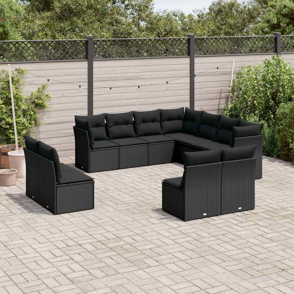 11-delige Loungeset met kussens poly rattan zwart – afbeelding 1