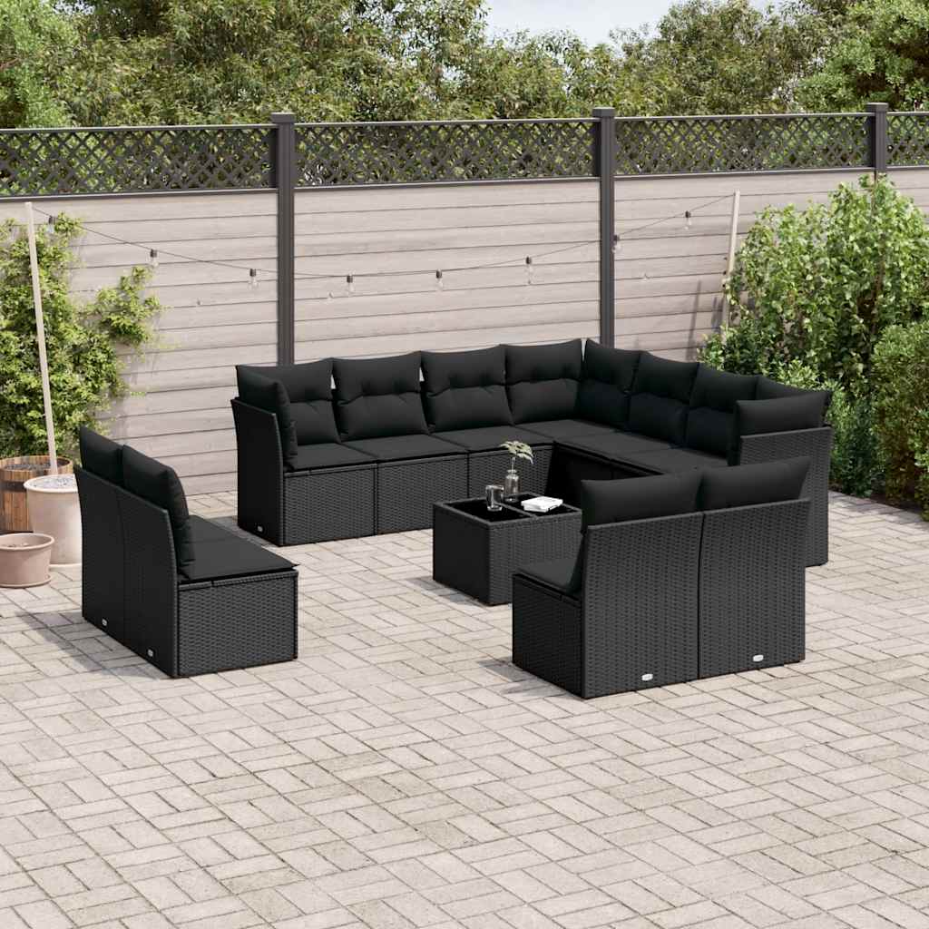 12-delige Loungeset met kussens poly rattan zwart – afbeelding 1