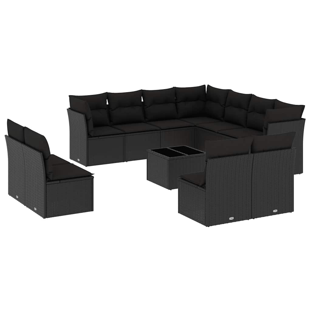 12-delige Loungeset met kussens poly rattan zwart – afbeelding 2