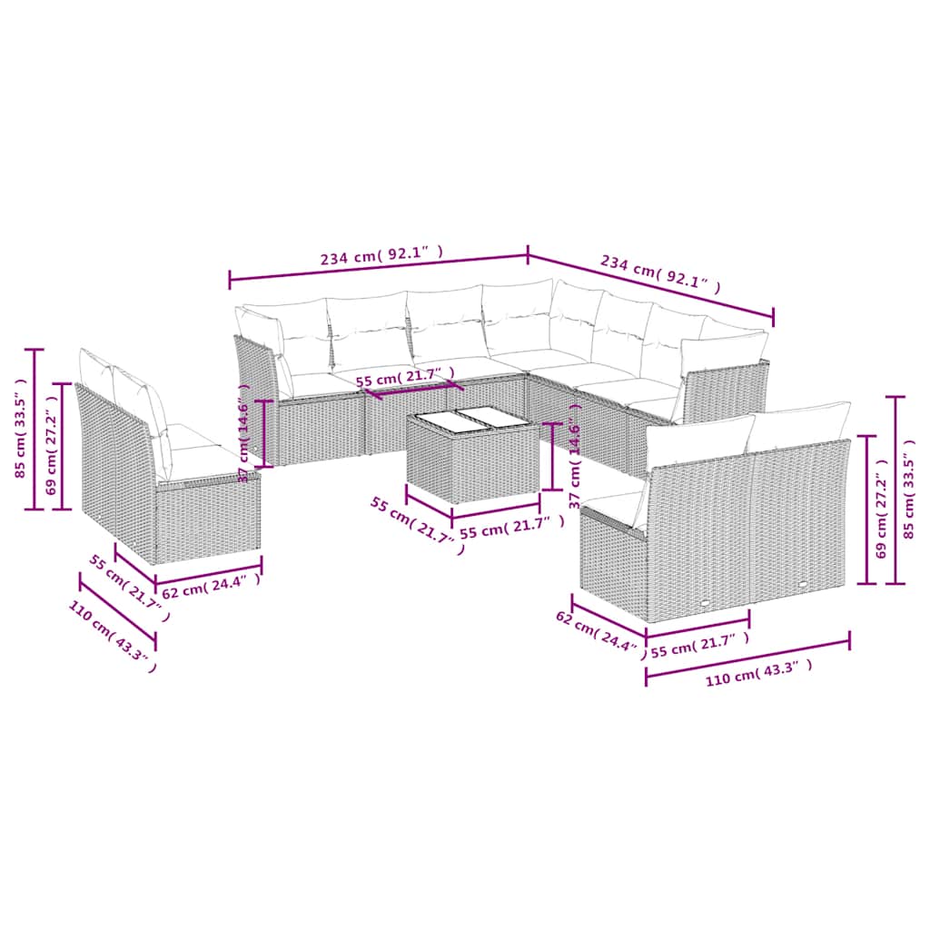 12-delige Loungeset met kussens poly rattan zwart – afbeelding 3