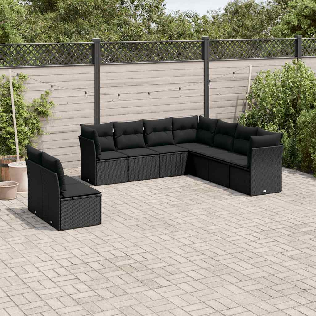 9-delige Loungeset met kussens poly rattan zwart – afbeelding 1