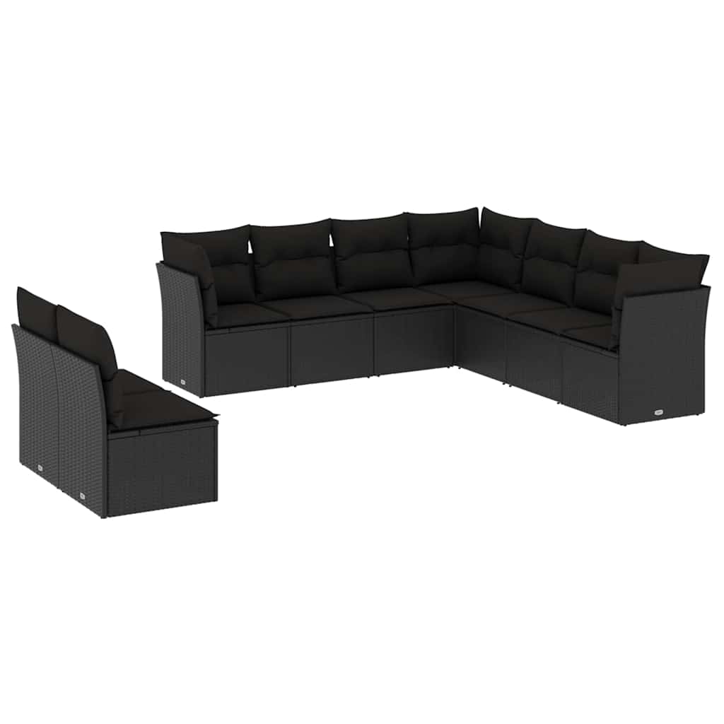 9-delige Loungeset met kussens poly rattan zwart – afbeelding 2