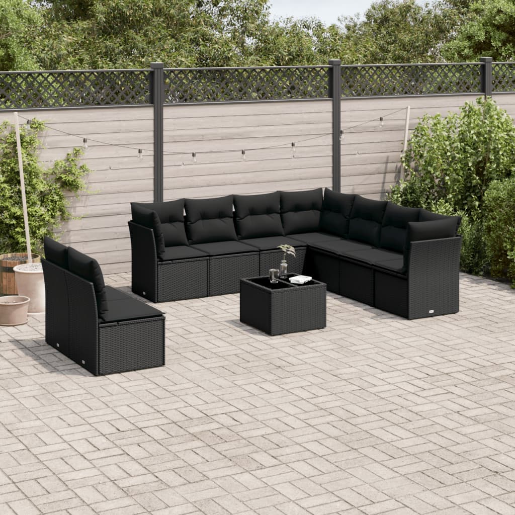 10-delige Loungeset met kussens poly rattan zwart – afbeelding 1