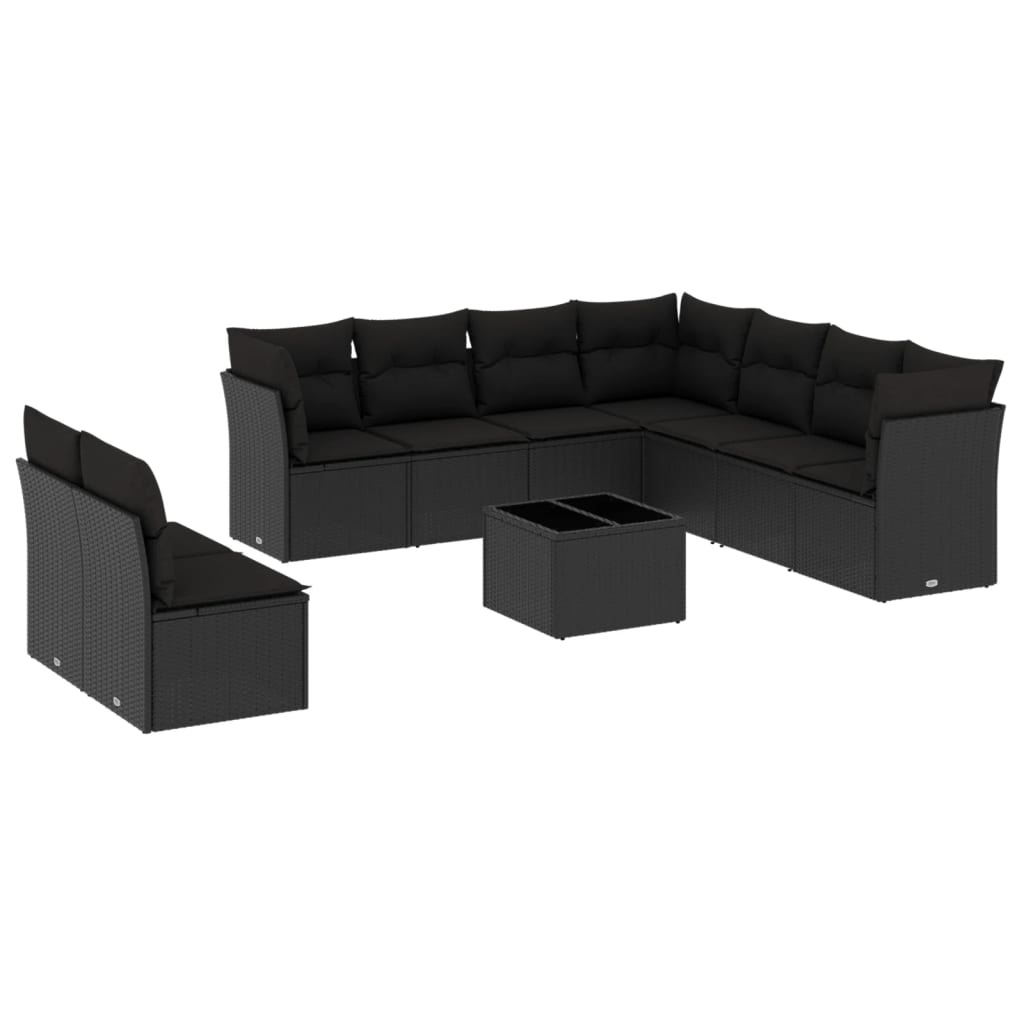 10-delige Loungeset met kussens poly rattan zwart – afbeelding 2