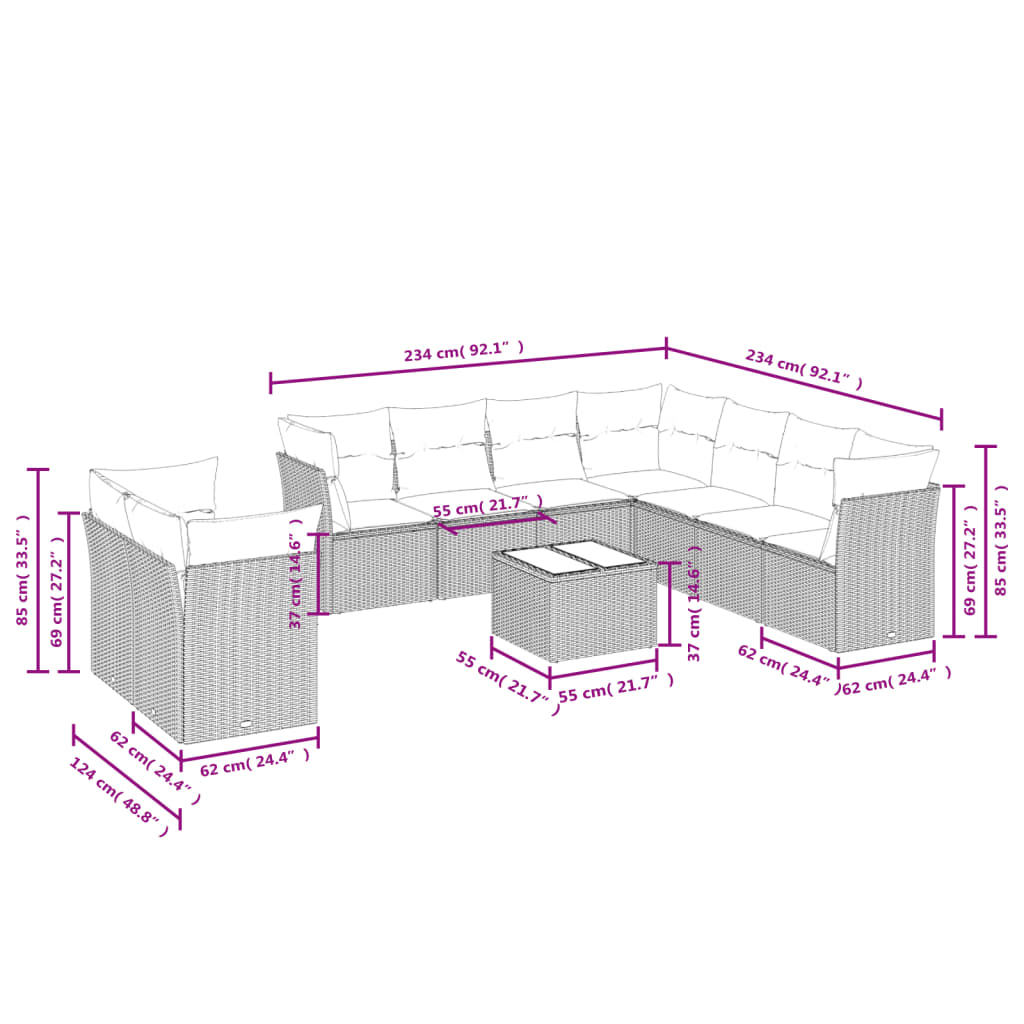 10-delige Loungeset met kussens poly rattan zwart – afbeelding 3