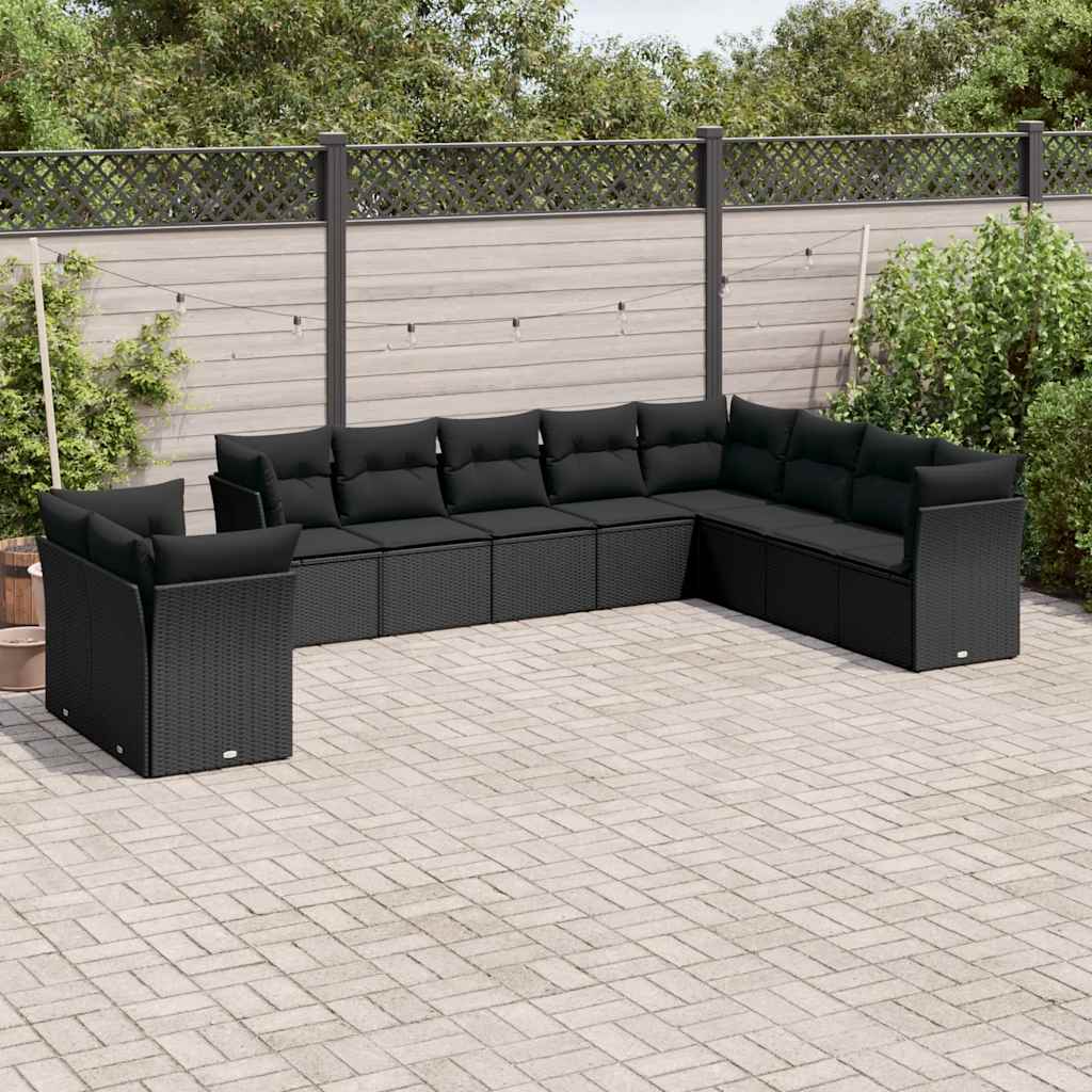 10-delige Loungeset met kussens poly rattan zwart – afbeelding 1