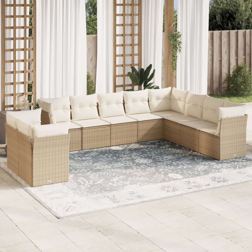 10-delige Loungeset met kussens poly rattan beige – afbeelding 1