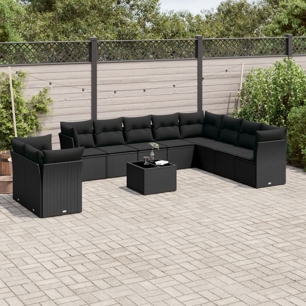 11-delige Loungeset met kussens poly rattan zwart – afbeelding 1