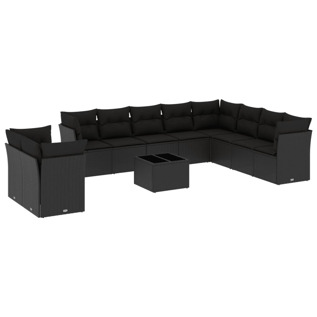 11-delige Loungeset met kussens poly rattan zwart – afbeelding 2