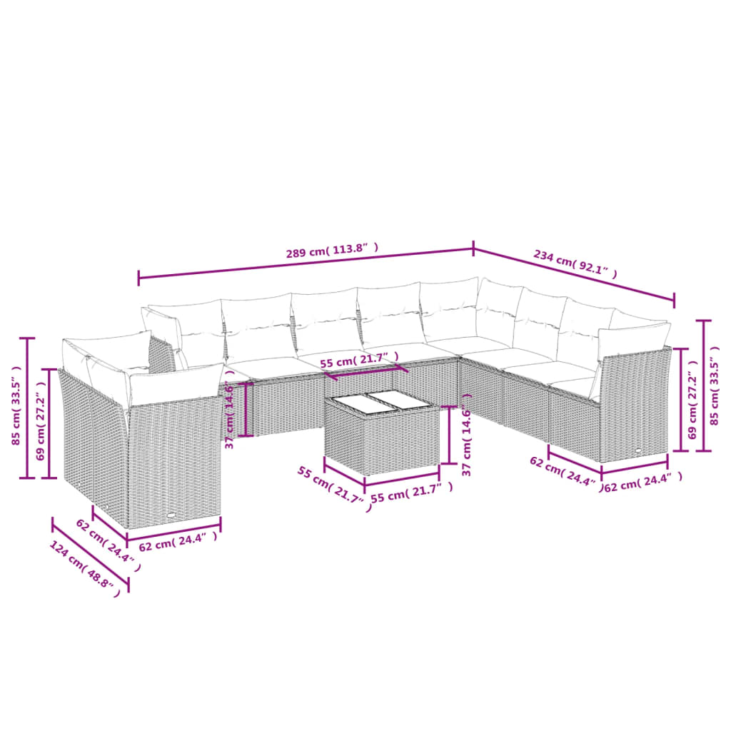 11-delige Loungeset met kussens poly rattan zwart – afbeelding 3