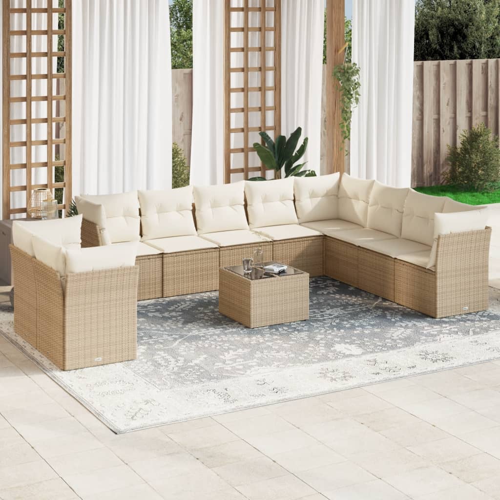 11-delige Tuinset met kussens poly rattan beige – afbeelding 1