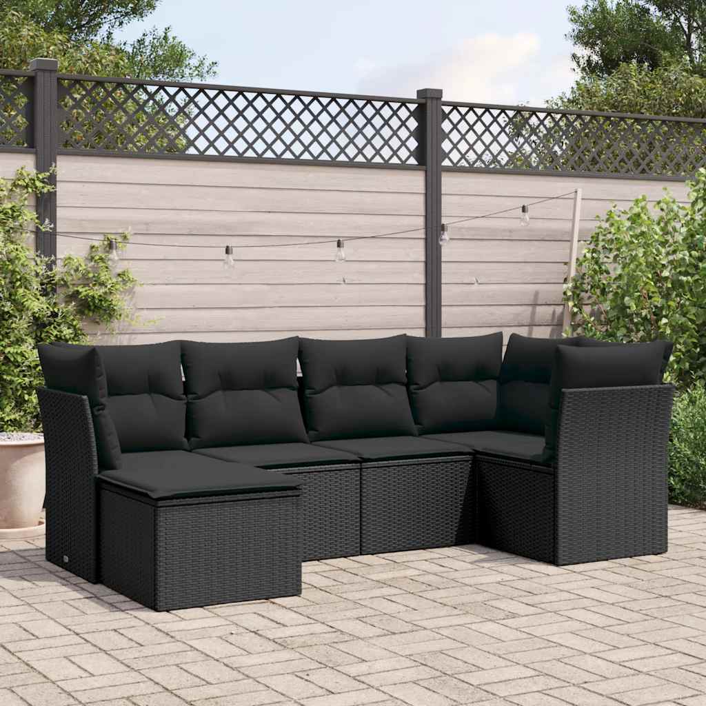 6-delige Loungeset met kussens poly rattan zwart – afbeelding 1