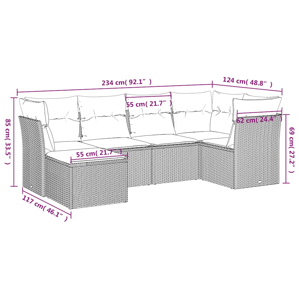 6-delige Loungeset met kussens poly rattan zwart – afbeelding 3