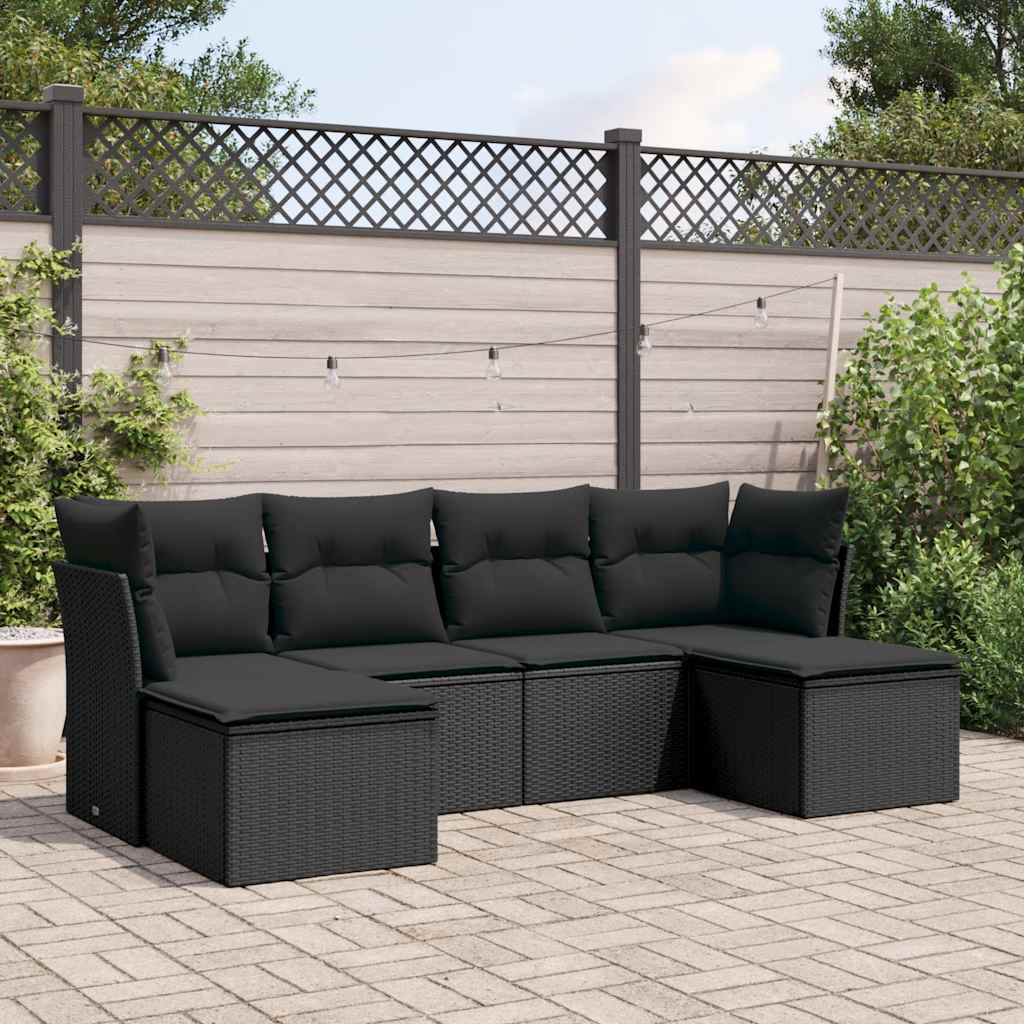 6-delige Loungeset met kussens poly rattan zwart – afbeelding 1