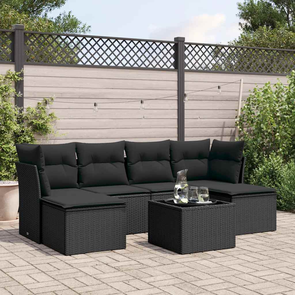 7-delige Loungeset met kussens poly rattan zwart – afbeelding 1