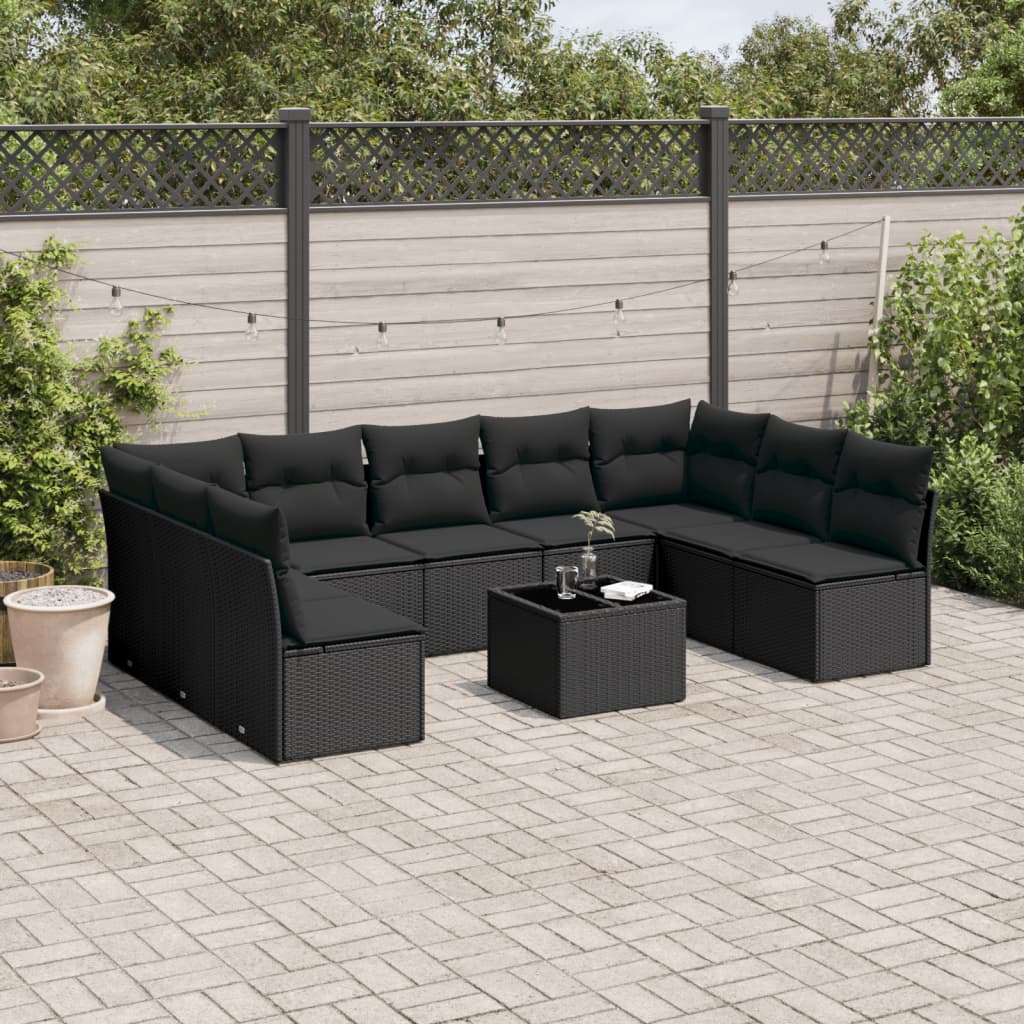 10-delige Loungeset met kussens poly rattan zwart – afbeelding 1