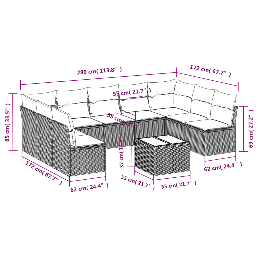 10-delige Loungeset met kussens poly rattan zwart – afbeelding 3