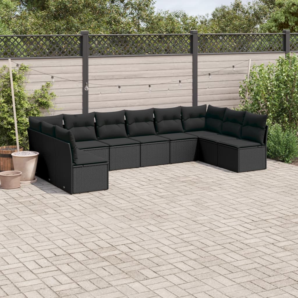 10-delige Loungeset met kussens poly rattan zwart – afbeelding 1