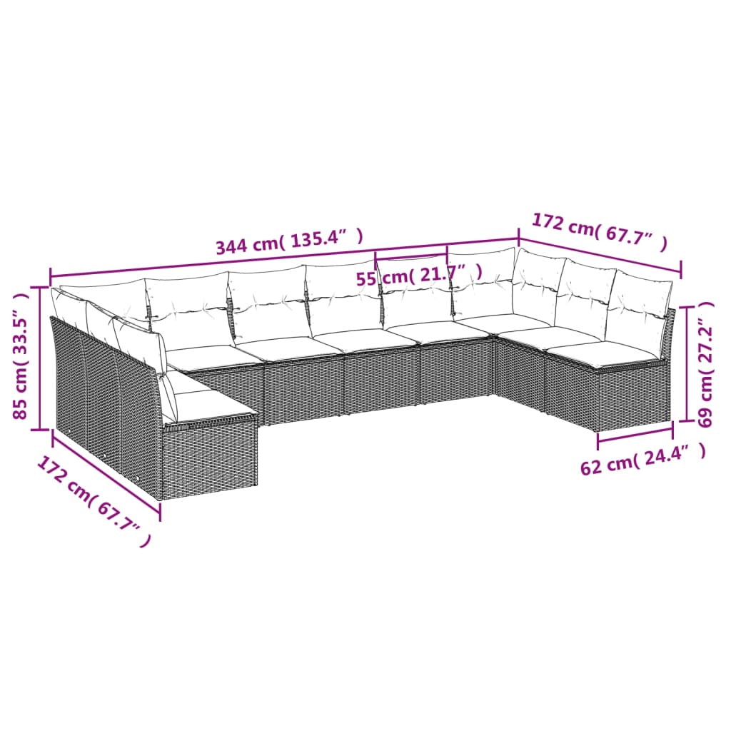 10-delige Loungeset met kussens poly rattan zwart – afbeelding 3
