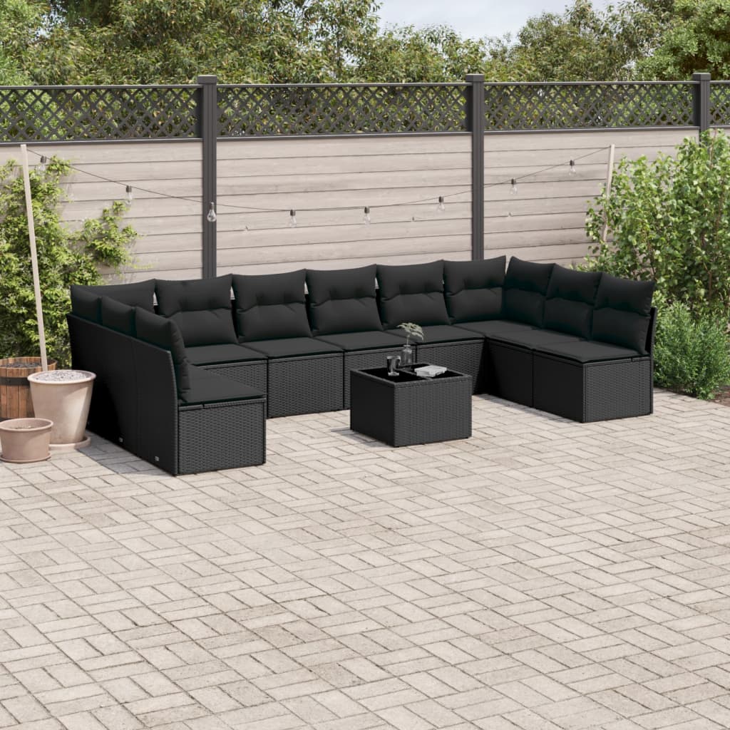 11-delige Loungeset met kussens poly rattan zwart – afbeelding 1