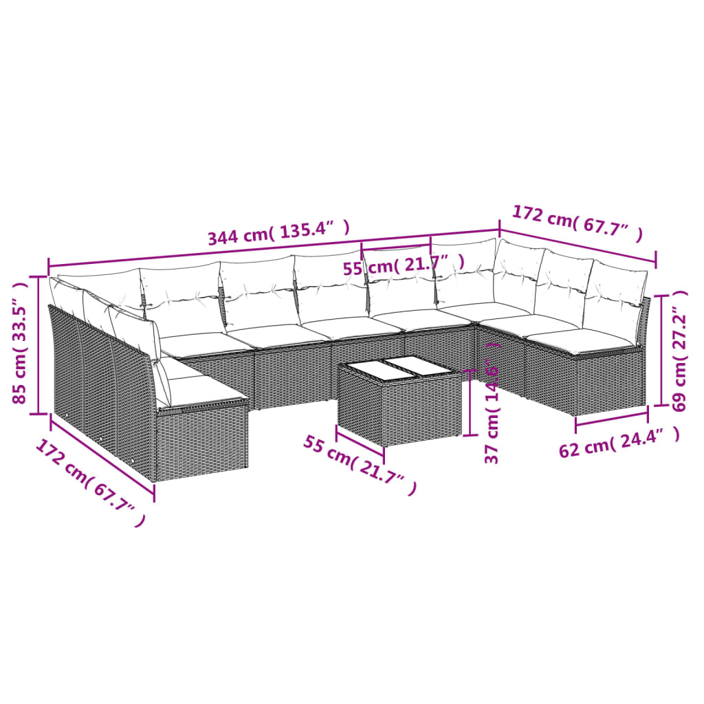 11-delige Loungeset met kussens poly rattan zwart – afbeelding 3