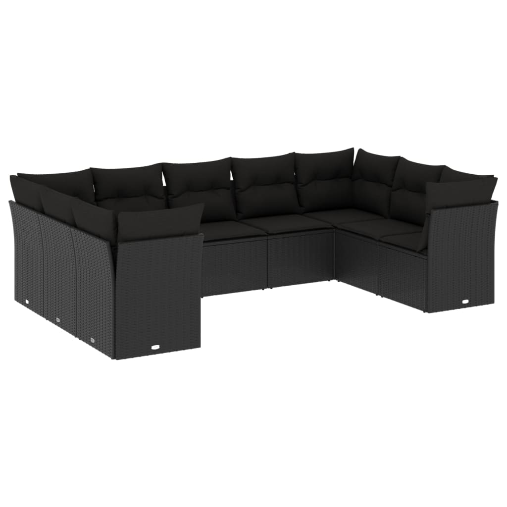 9-delige Loungeset met kussens poly rattan zwart – afbeelding 2