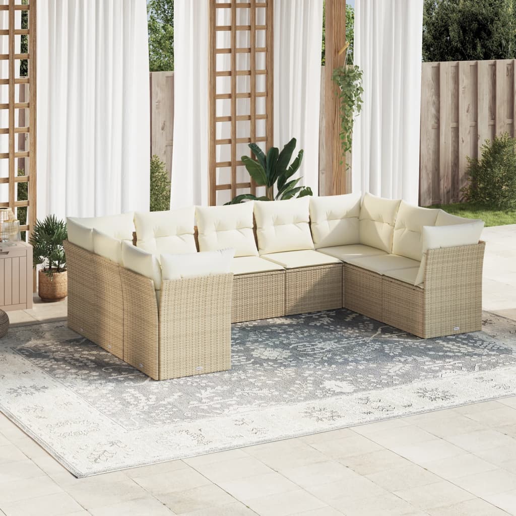 9-delige Loungeset met kussens poly rattan beige – afbeelding 1