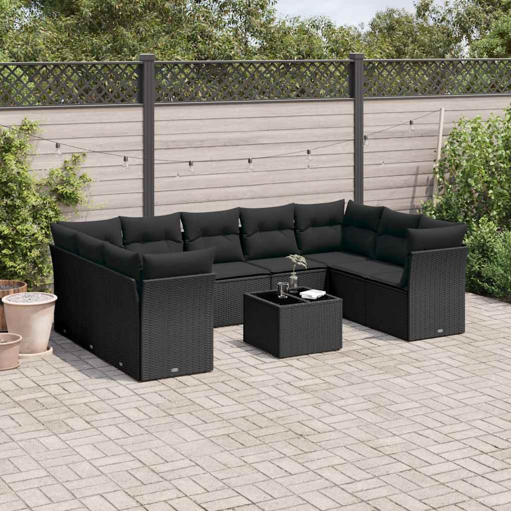10-delige Loungeset met kussens poly rattan zwart – afbeelding 1