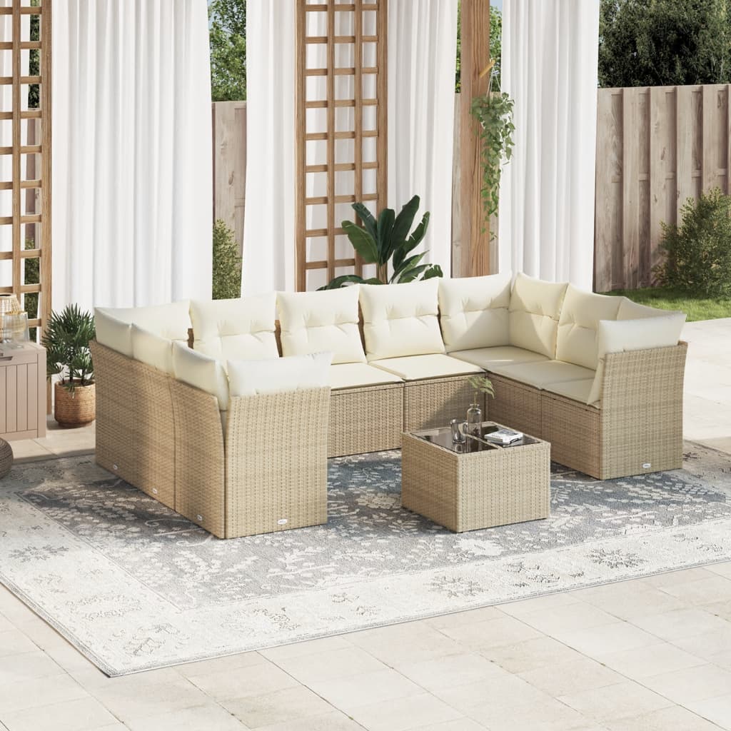 10-delige Loungeset met kussens poly rattan beige – afbeelding 1