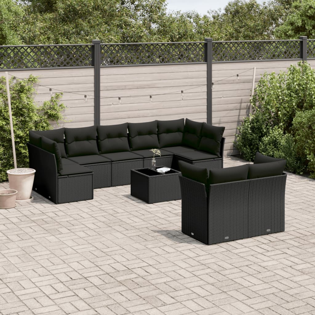 10-delige Loungeset met kussens poly rattan zwart – afbeelding 1