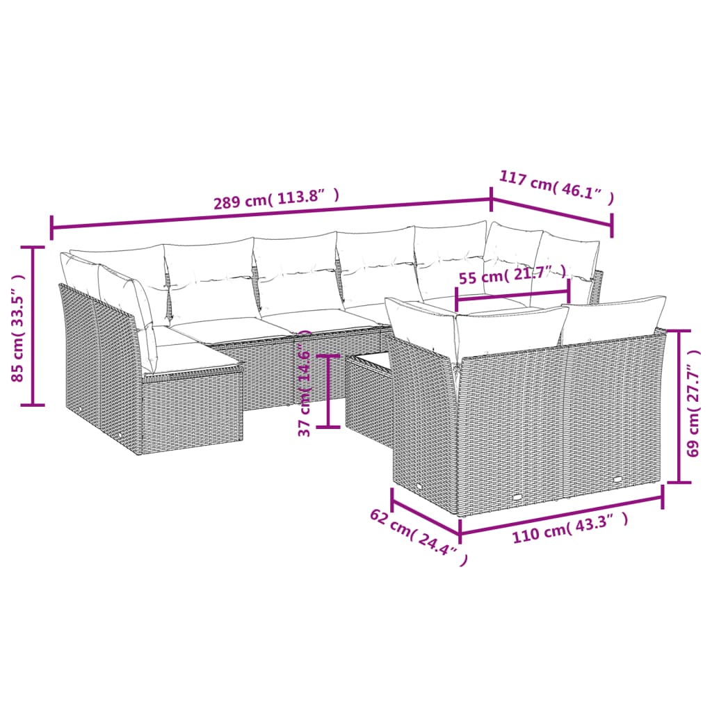 10-delige Loungeset met kussens poly rattan zwart – afbeelding 3