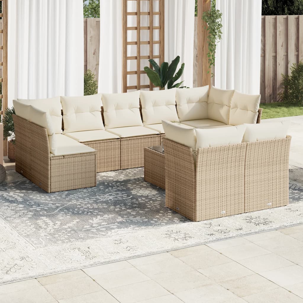 10-delige Loungeset met kussens poly rattan beige – afbeelding 1