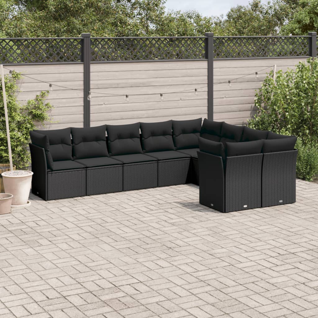 9-delige Loungeset met kussens poly rattan zwart – afbeelding 1