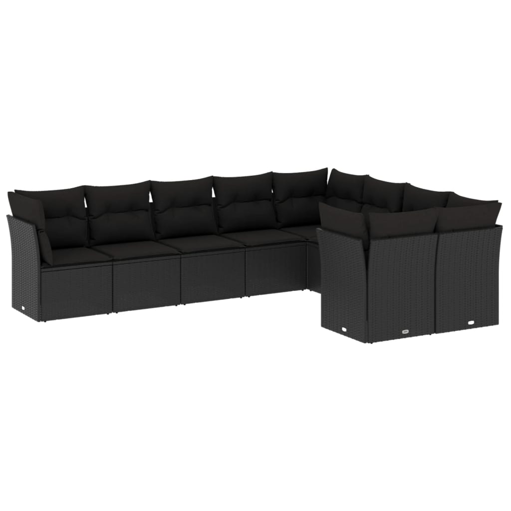 9-delige Loungeset met kussens poly rattan zwart – afbeelding 2