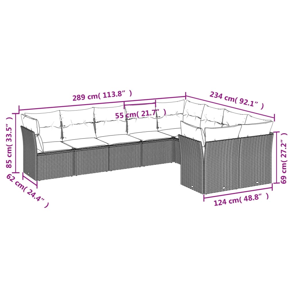 9-delige Loungeset met kussens poly rattan zwart – afbeelding 3