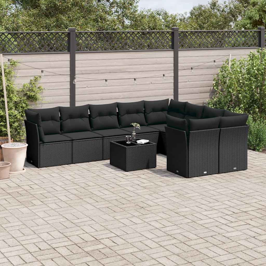 10-delige Loungeset met kussens poly rattan zwart – afbeelding 1
