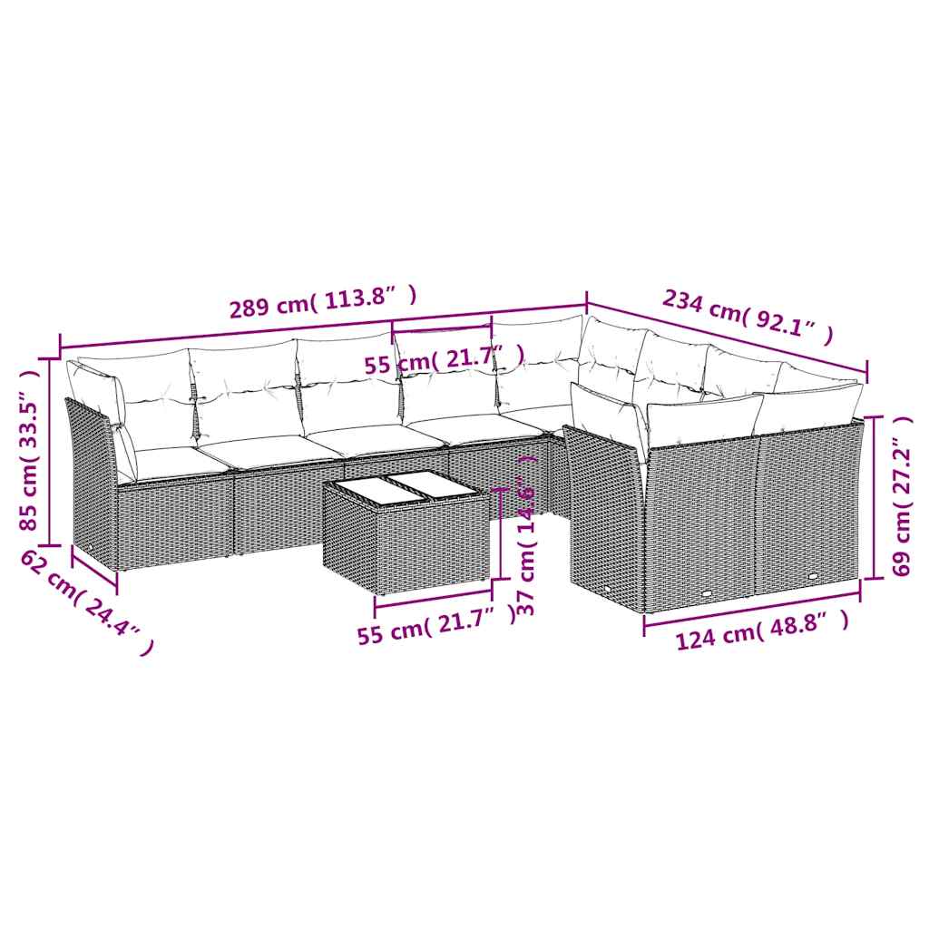 10-delige Loungeset met kussens poly rattan zwart – afbeelding 3