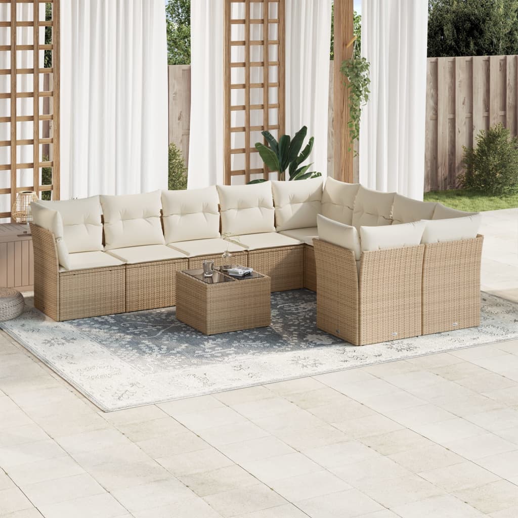 10-delige Loungeset met kussens poly rattan beige – afbeelding 1