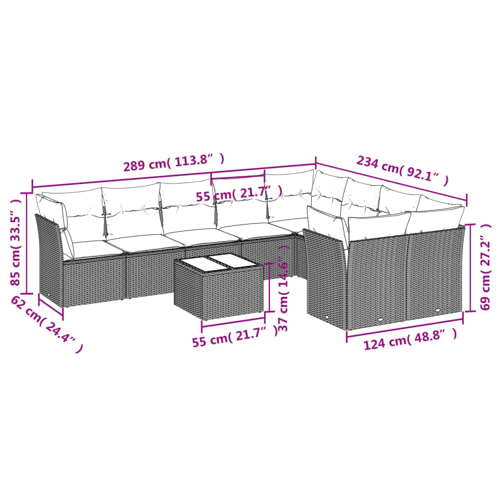 10-delige Loungeset met kussens poly rattan beige – afbeelding 3