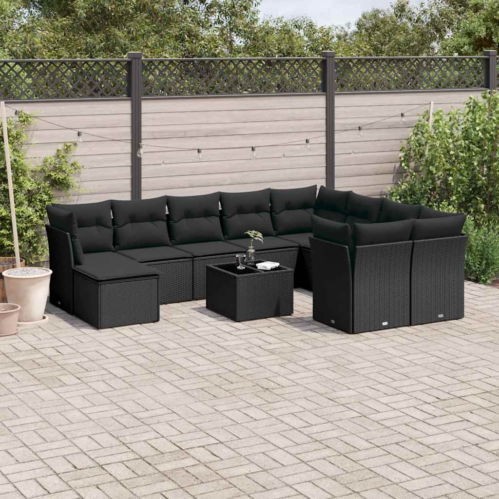 10-delige Loungeset met kussens poly rattan zwart – afbeelding 1