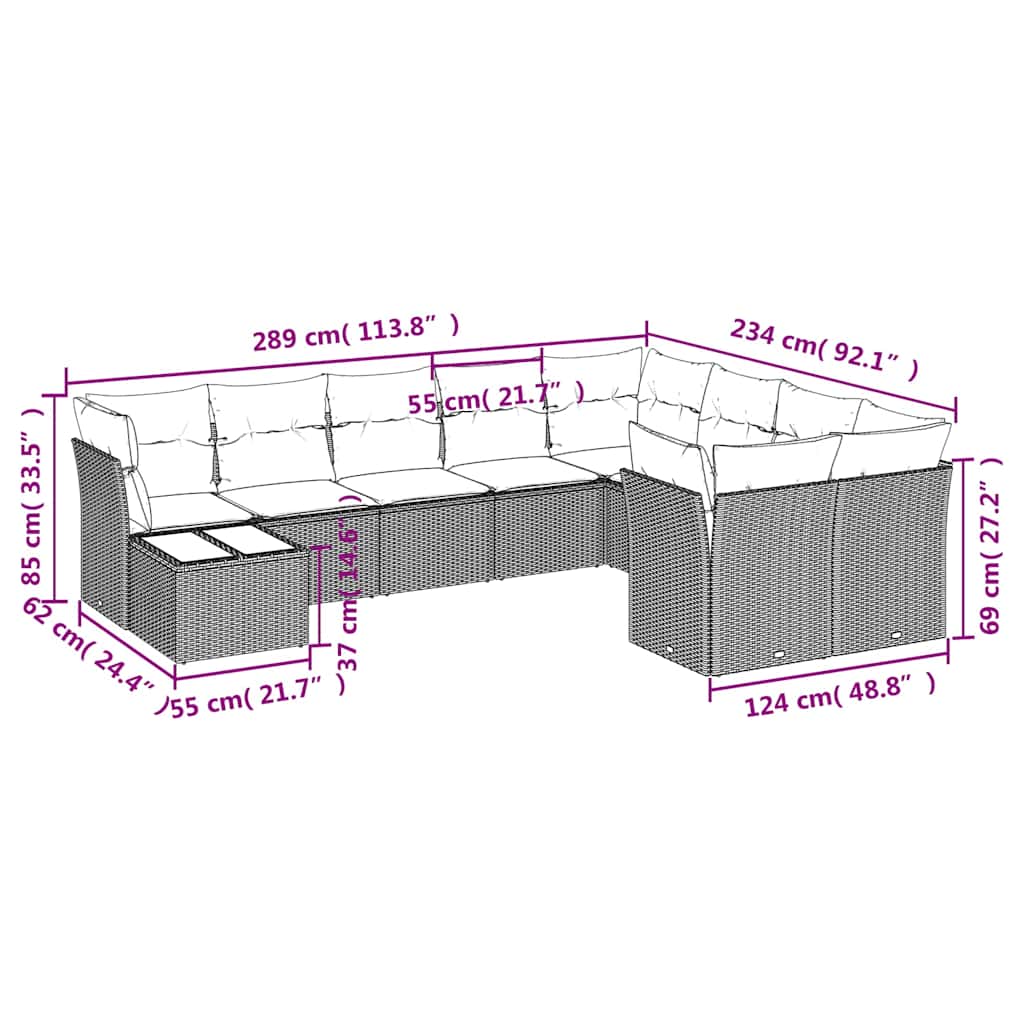 10-delige Loungeset met kussens poly rattan zwart – afbeelding 3