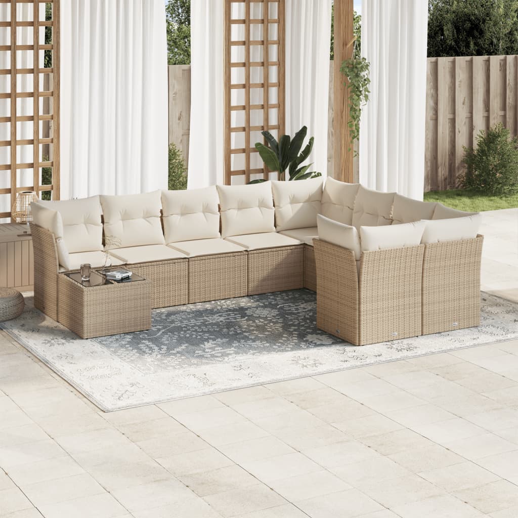 10-delige Loungeset met kussens poly rattan beige – afbeelding 1
