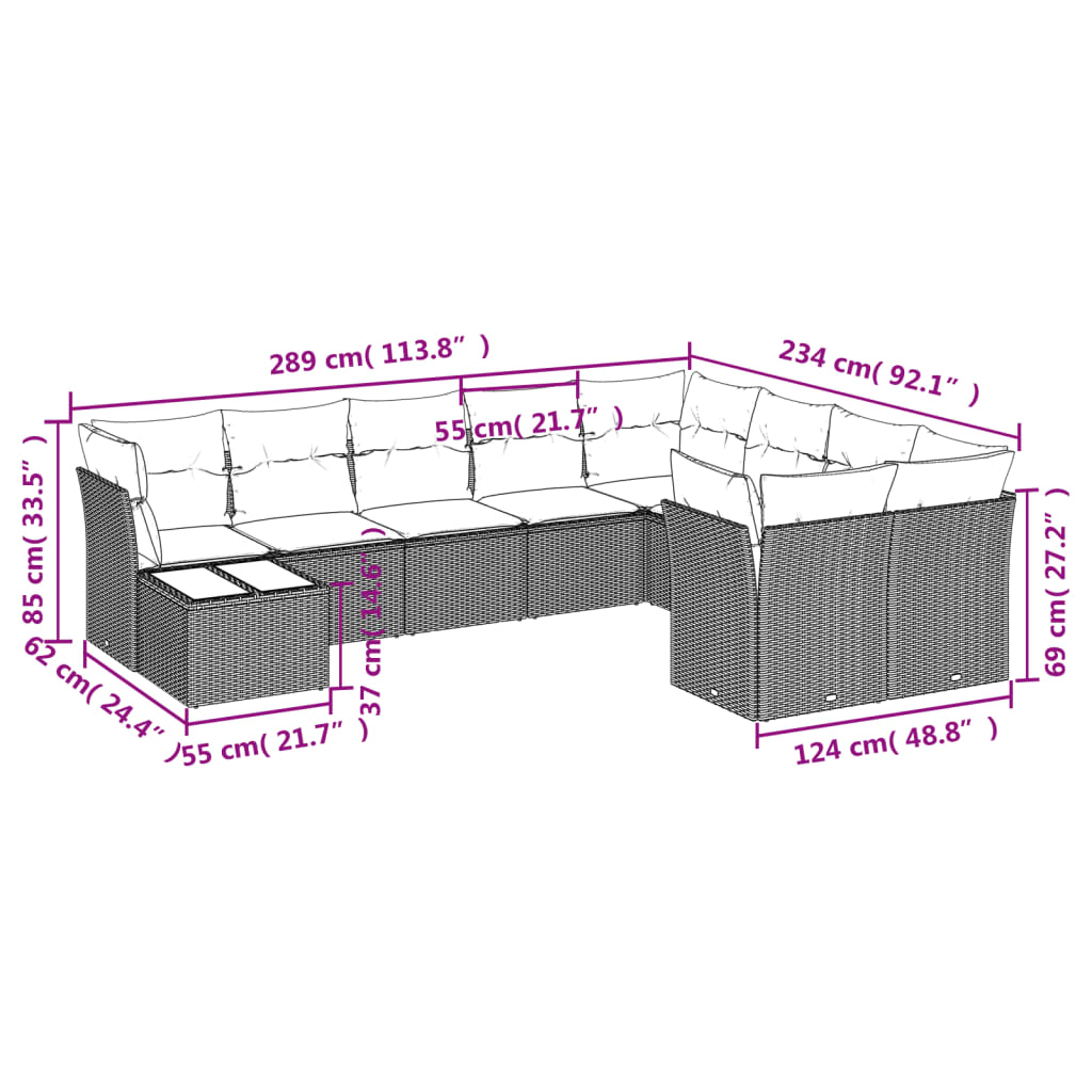 10-delige Loungeset met kussens poly rattan beige – afbeelding 3