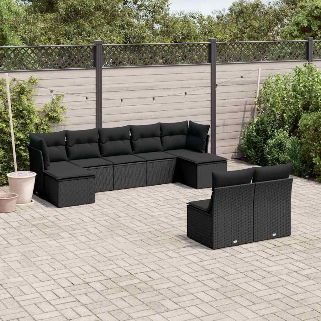 9-delige Loungeset met kussens poly rattan zwart – afbeelding 1